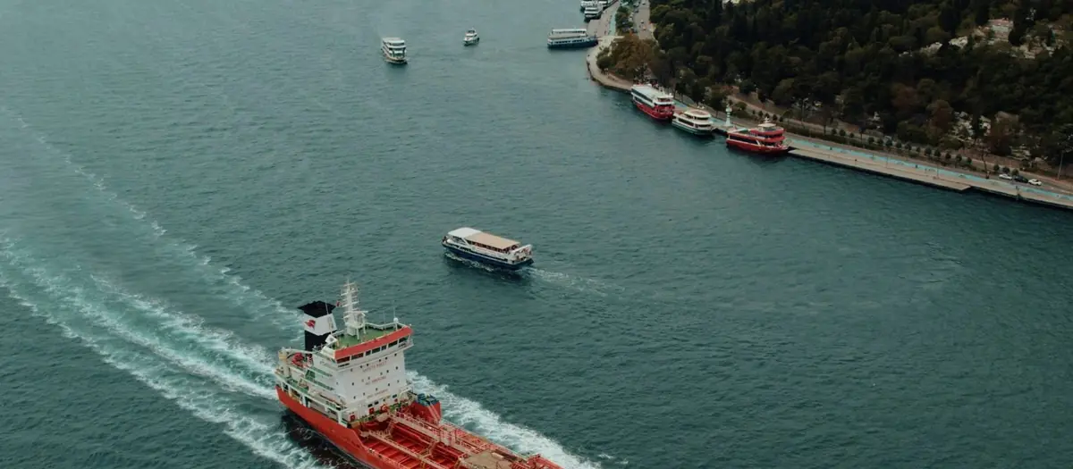 Coastline and harbour traffic seen from the air