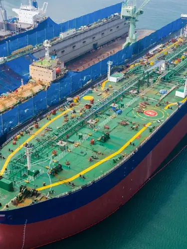Aerial view of a tanker's deck alongside